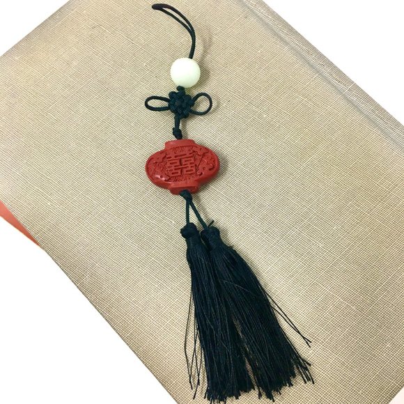 Mini Chinese Knot Red Cinnabar Bead Black Tassel Hanging Pendant Charm - Picture 4 of 16